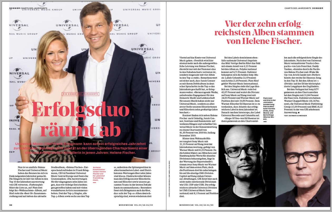 An ihnen kam in den vergangenen Jahren im Musikbiz keiner vorbei: Helene Fischer und ihr Labelchef Frank Briegmann.