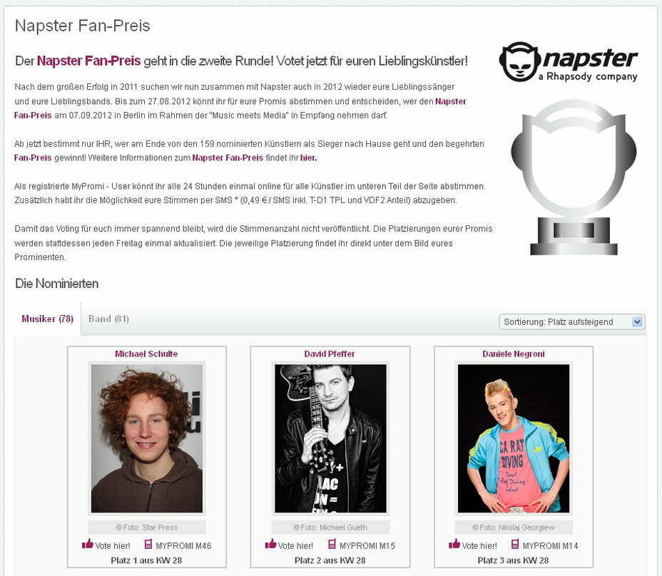 Lässt Fans erneut abstimmen: Das Napster-Voting auf myPromi.de