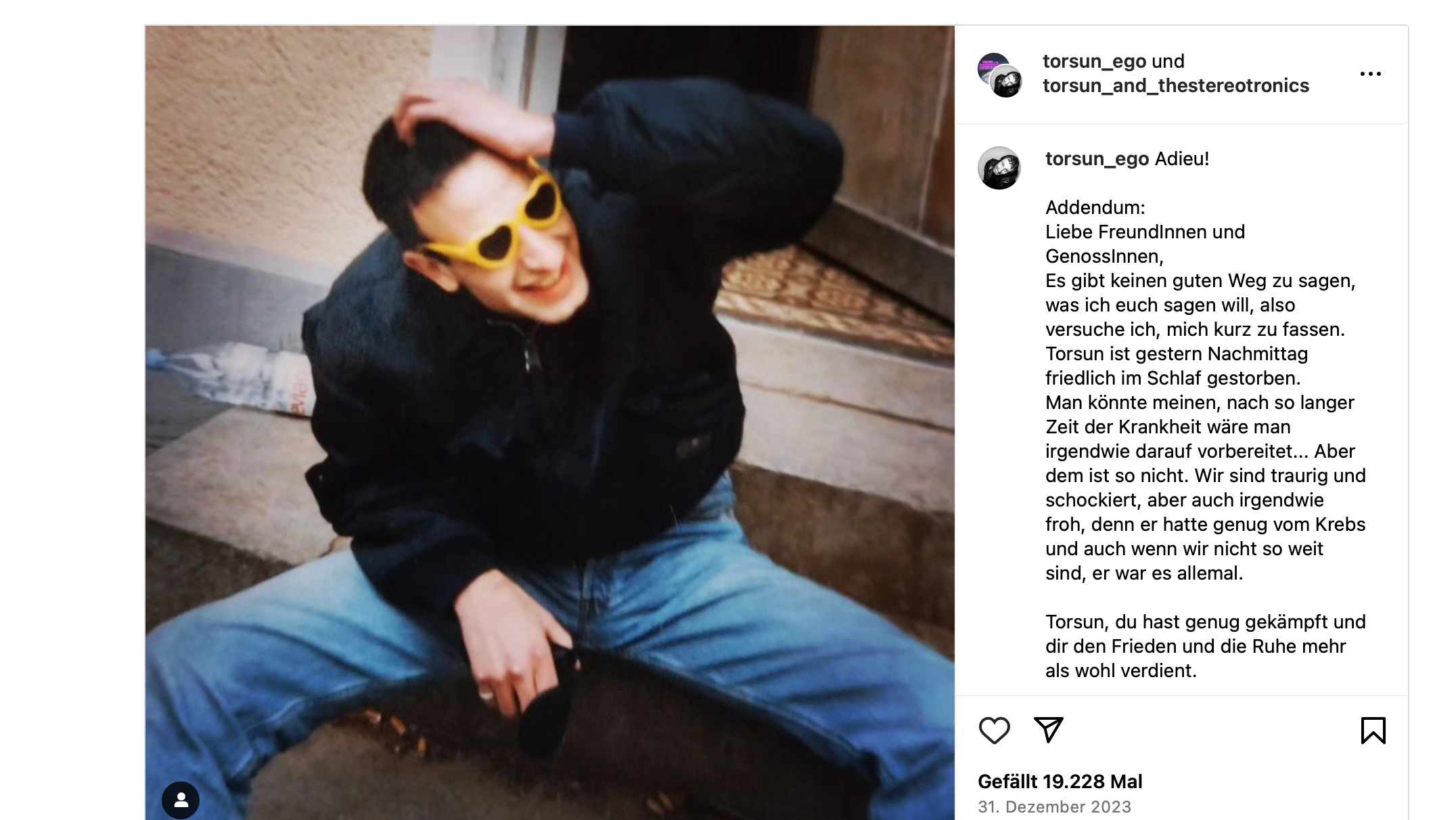 "Adieu!": Selina Majer-Burkhardt hatte den Tod von Torsun Burkhardt kurz vo dem Jahreswechsel über die sozialen Medien bestätigt.