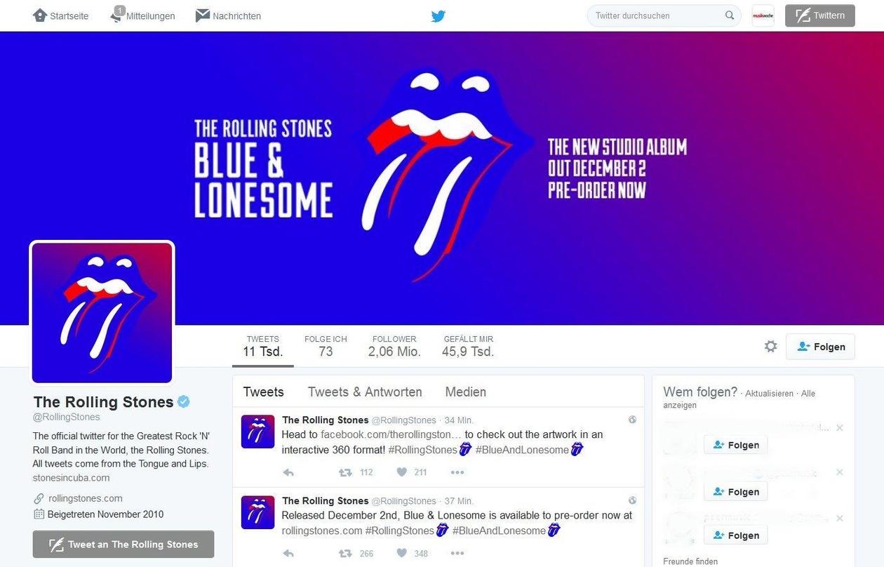 Weltweit koordiniertes PR-Feuerwerk: Die Rolling Stones gaben die Veröffentlichung ihres neuen Albums, "Blue & Lonesome" am 6. Oktober unter anderem via Twitter bekannt - und stellten dazu...