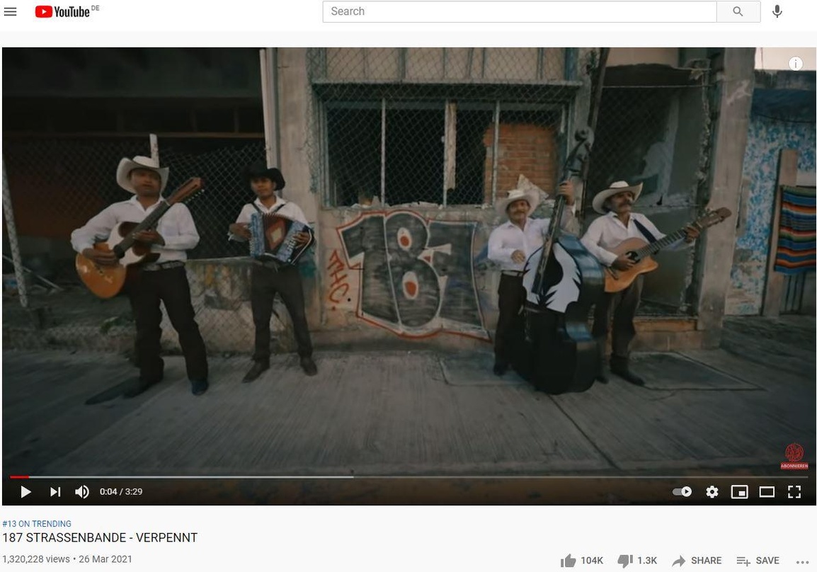 Die 187 Strassenbande lieferte mit "Verpennt" am Wochenende das meistegesehene deutschsprachige Musikvideo auf YouTube