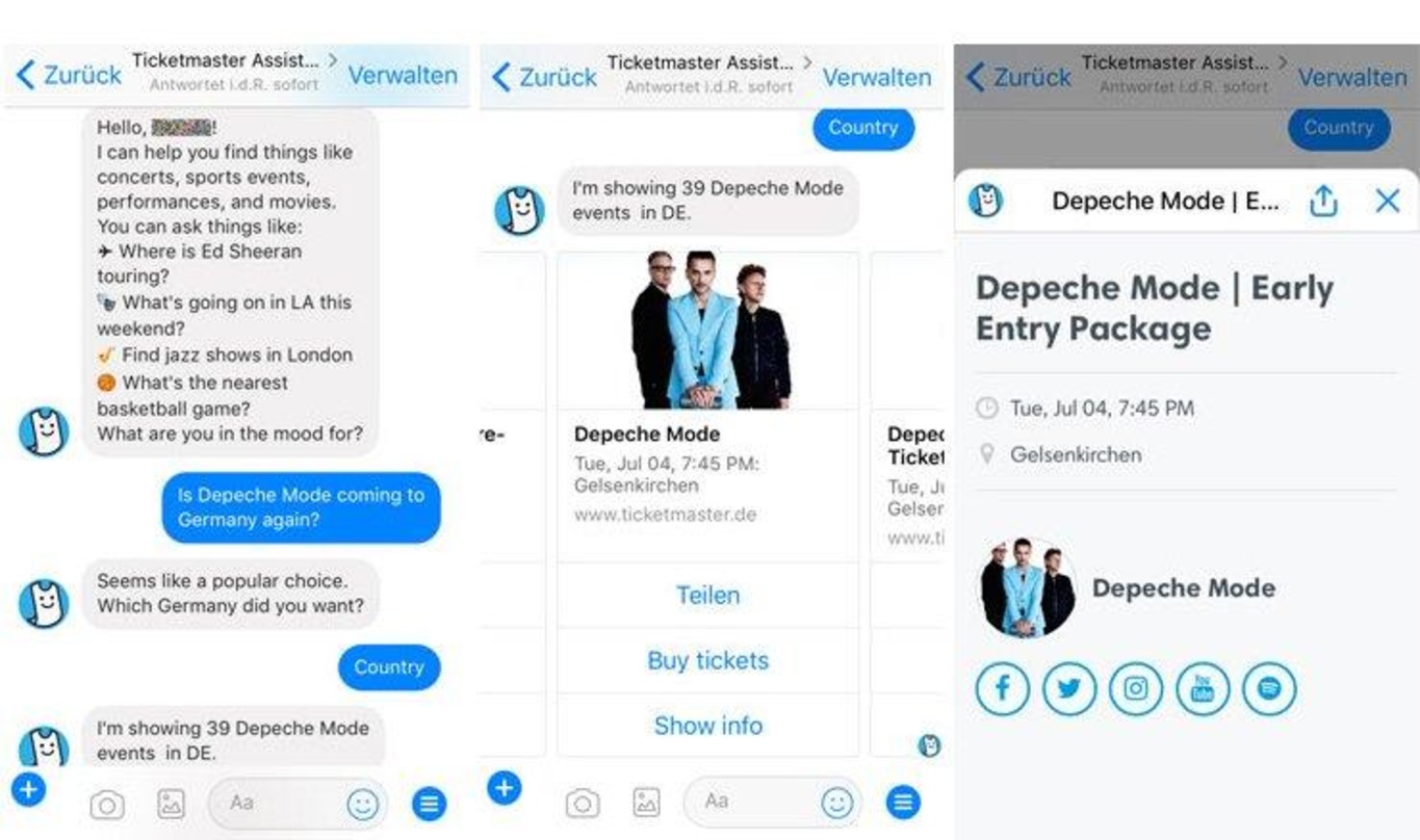 Richtet sich direkt an Kartenkäufer: der Ticketmaster Assistent beim Facebook Messenger