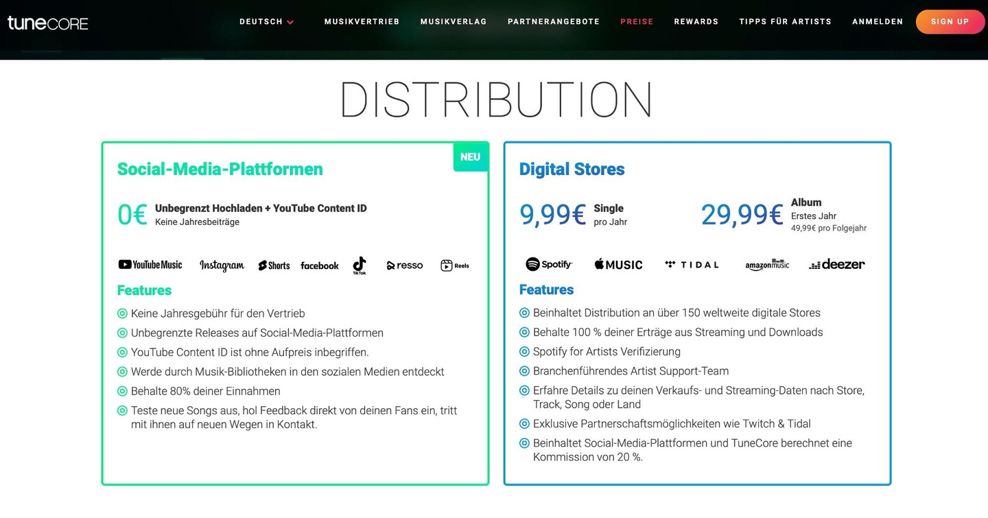 Bietet verschiedene Angebote für den digitalen Musikvertrieb: TuneCore