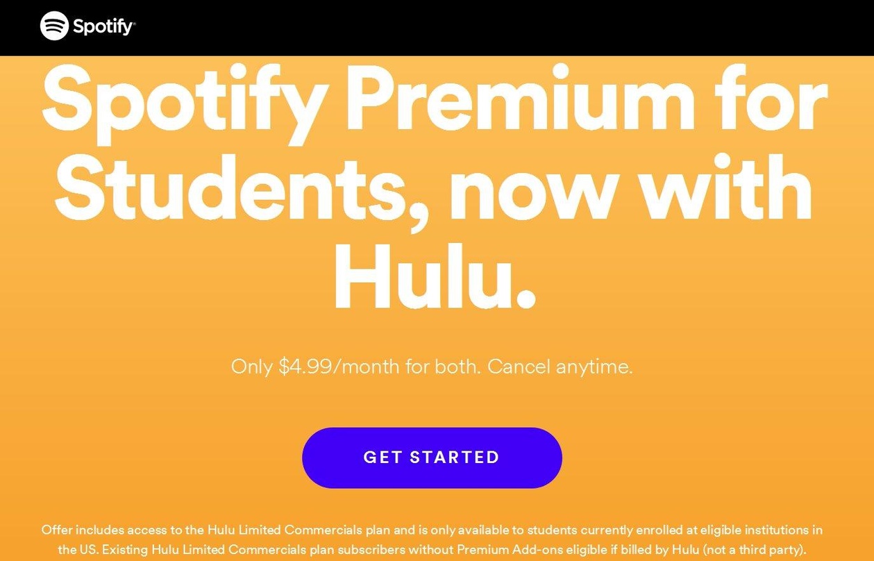 Sperriger Name, schmaler Preis: Spotify Premium for Students, now with Hulu bündelt für den Studententarif von 4,99 Dollar pro Monat das Spotify-Musikabo und ein mit wenig Werbung versehen...