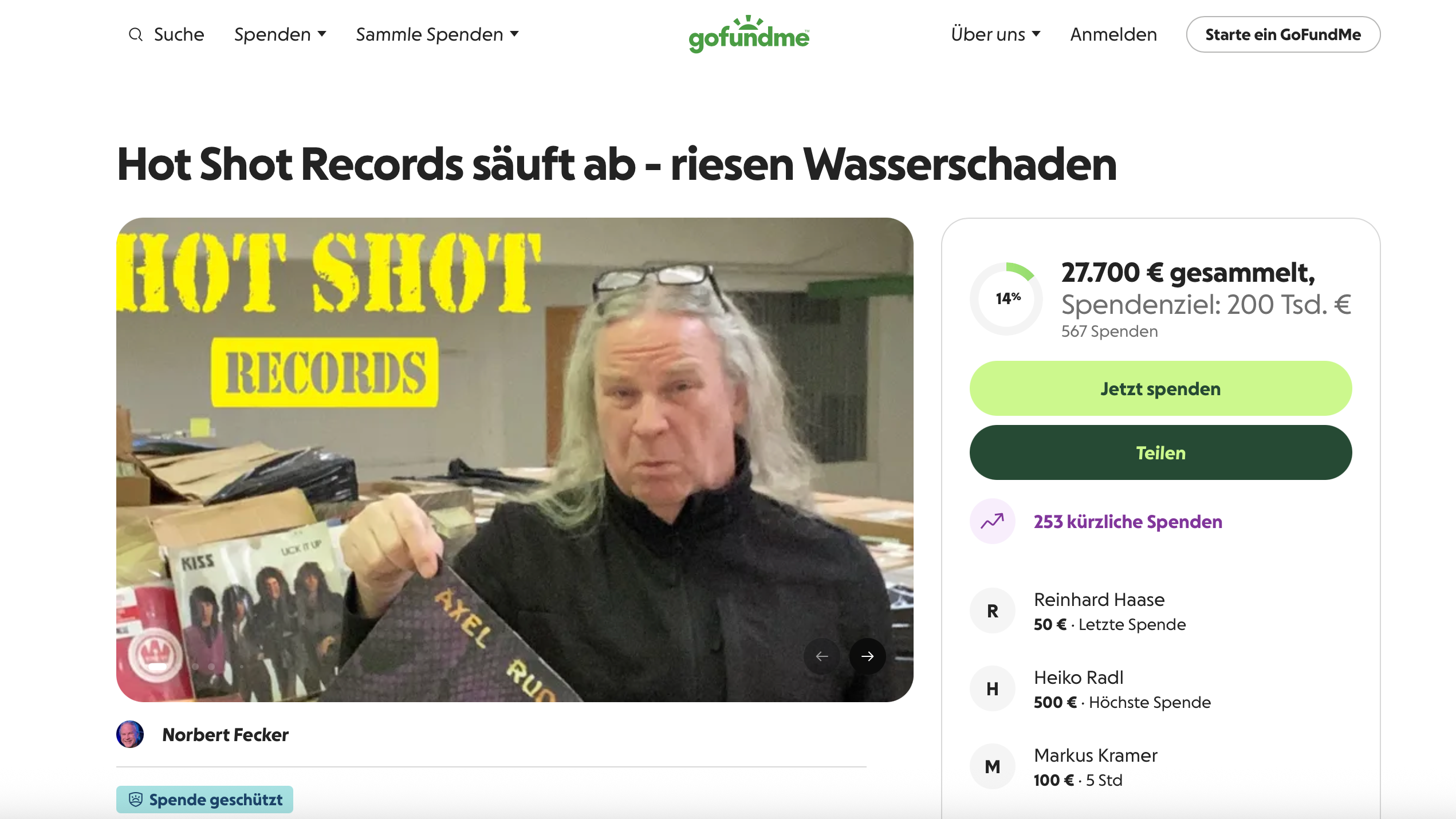 Spendenaufruf: Norbert Fecker appelliert auf der Plattform Go Fund Me an die Community.