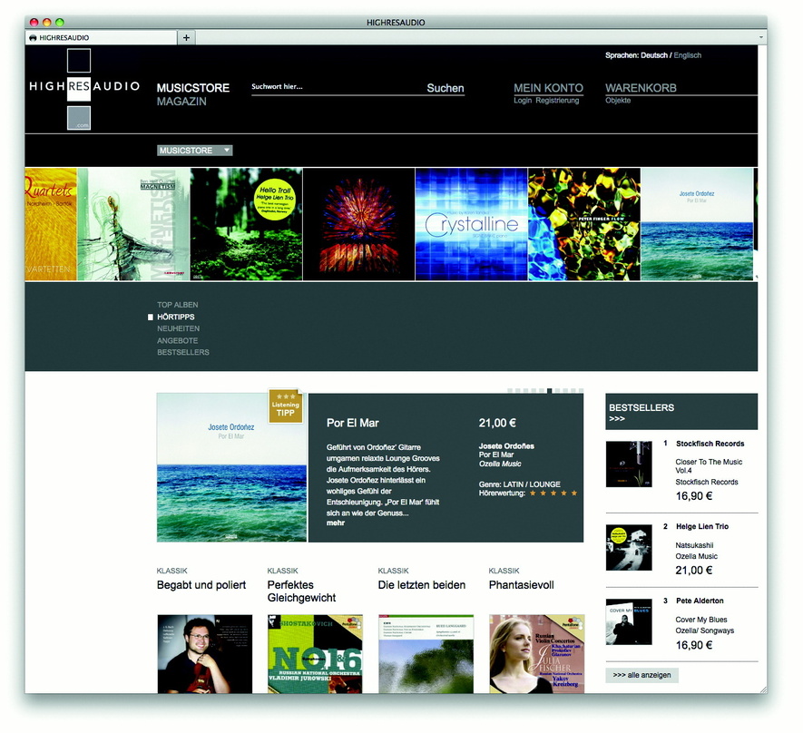 Aufgeräumt und audiophil: So präsentiert sich die Startseite von www.highresaudio.com