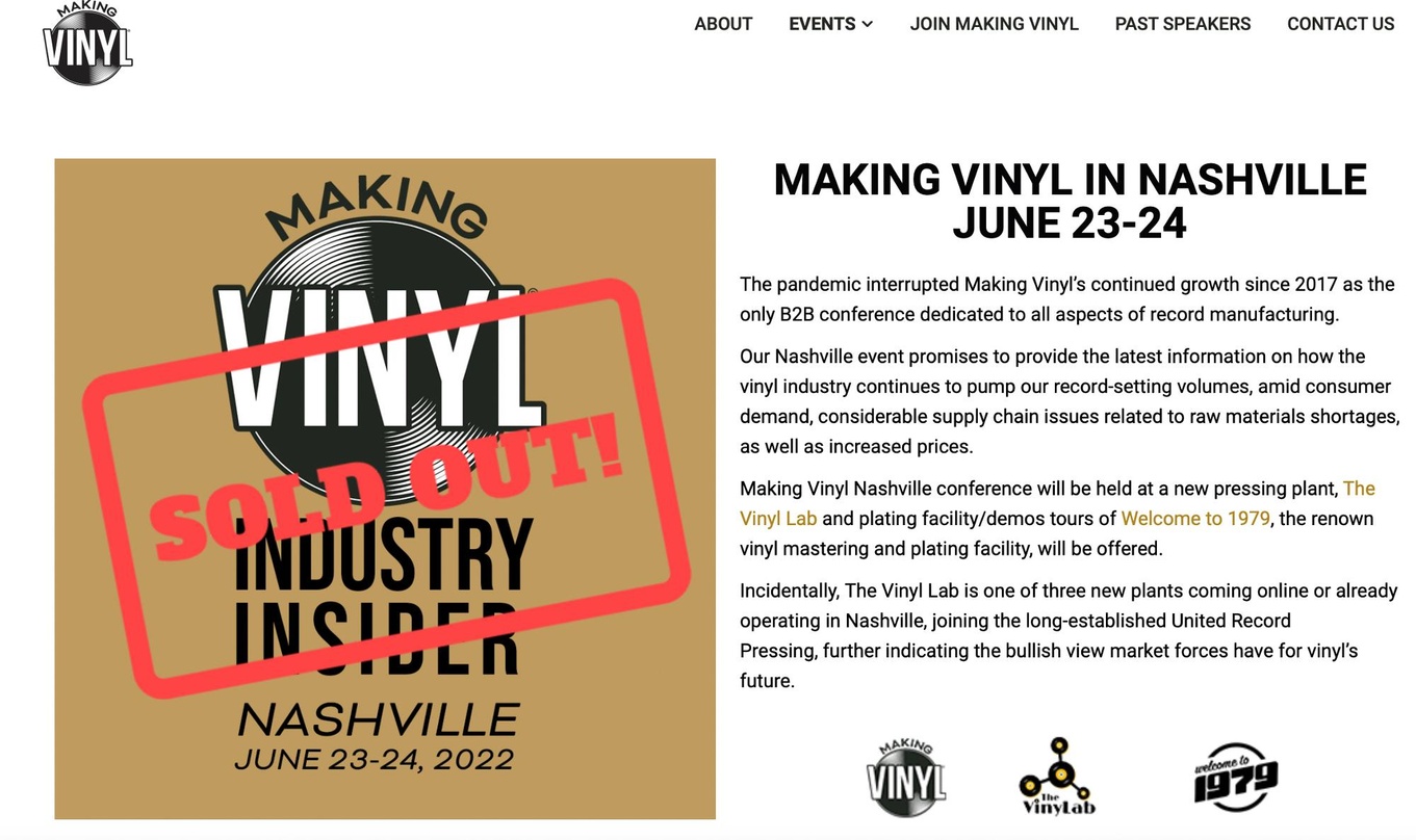 Sold out: für die Making Vinyl am 23. und 24. Juni in Nashville sind alle Tickets vergriffen