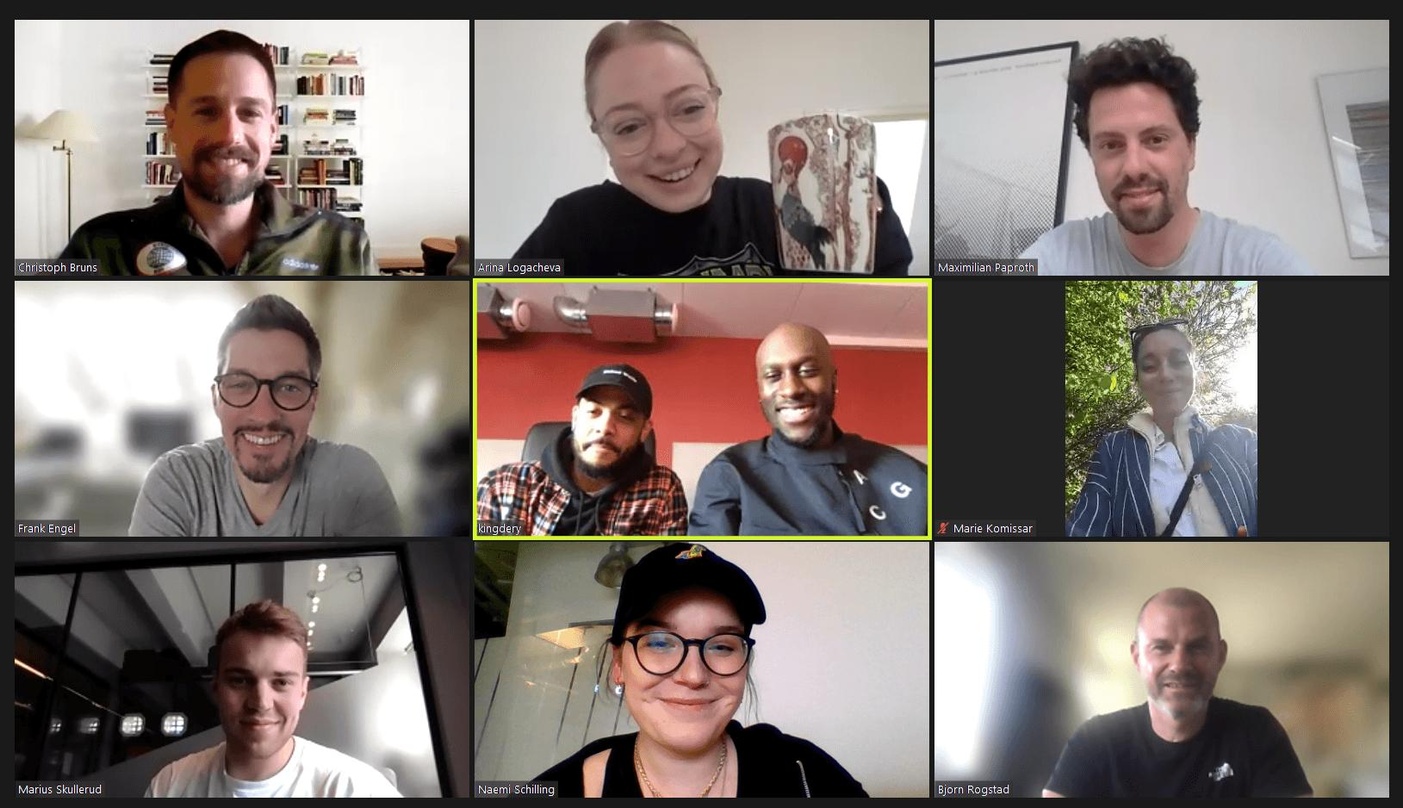 Trafen sich zum virtuellen Meeting (von oben links anfangend): Christoph Bruns, Arina Logacheva, Maximillian Paproth, Frank Engel, Nico & Vinz, Marie Kommissar, Marius Skullerud, Naemi Sch...
