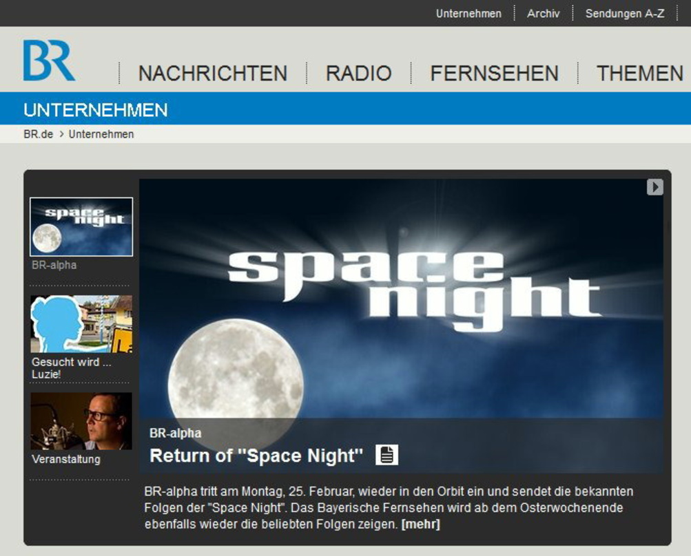 Erst abgesetzt, nach einer öffentlichen Diskussion nun wieder vor der Rückkehr: Der BR will die "Space Night" fortführen, vermutlich mit Musik aus dem GEMA-Repertoire