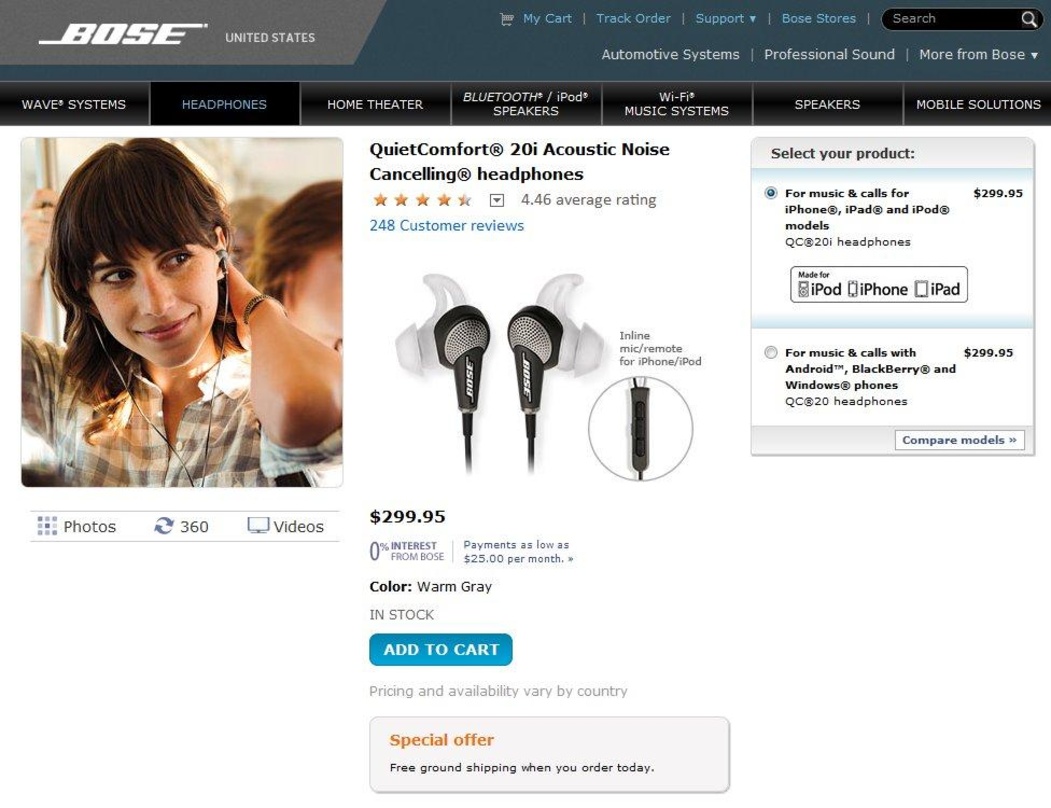 Aktiv in Sachen Geräuschunterdrückung: Bei den Bose-Kopfhörern der Quiet-Comfort-Baureihe QC20 soll sich Beats angeblich bedient haben