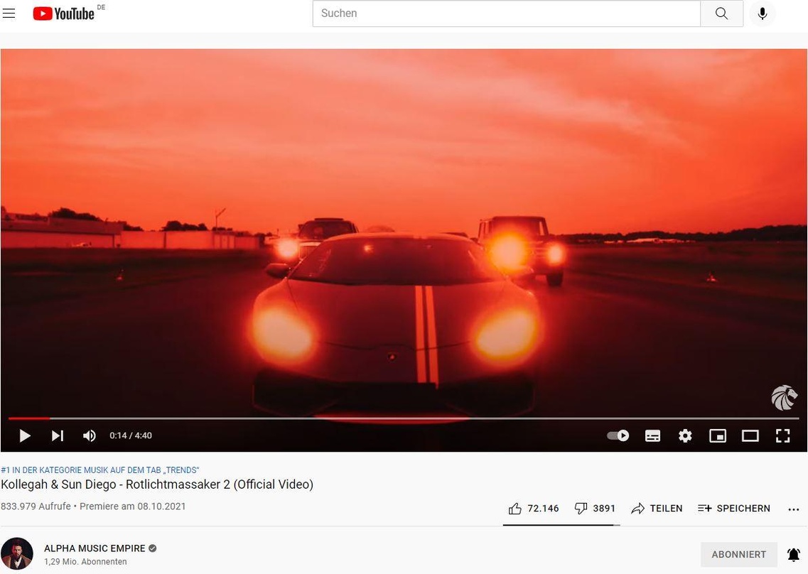 Kollegah und Sun Diego platzierten sich am Wochenende mit "Rotlichtmassaker 2" an der Spitze der deutschen YouTube-Musik-Trendcharts