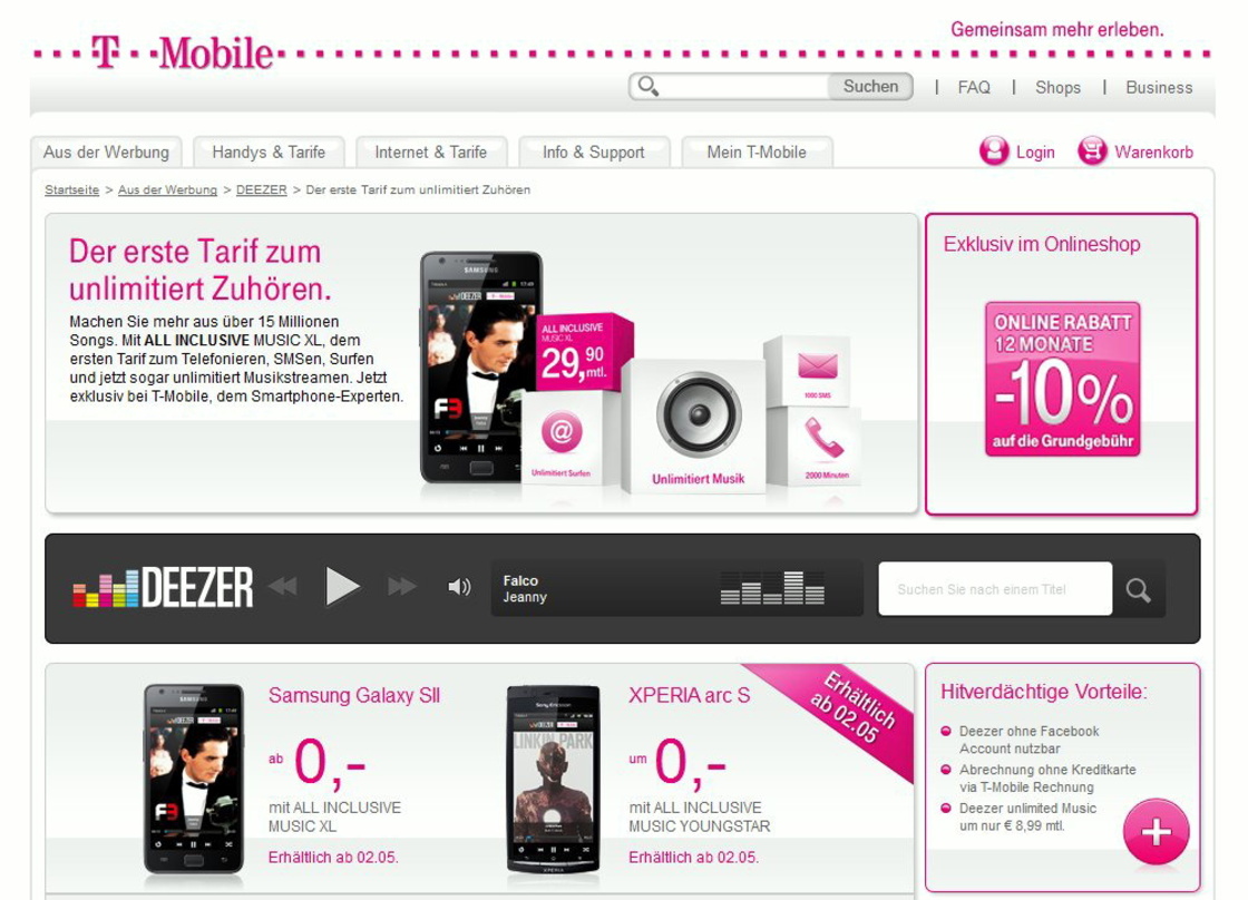 Bald auch in den Niederlanden verfügbar: Das gemeinsame Streamingangebot von Deezer und T-Mobile, hier in der österreichischen Variante