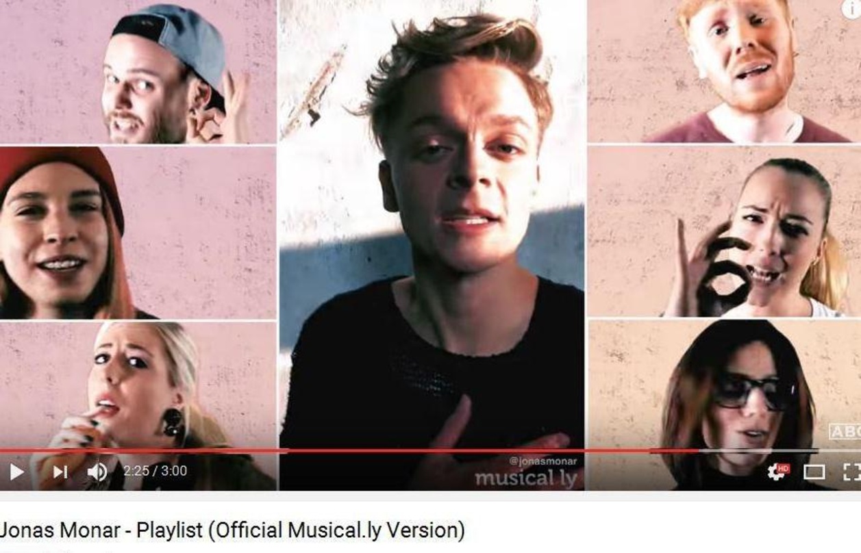 Steht im Zentrum eines ganz speziellen Crowdsourcing-Projekts: Newcomer Jonas Monar inmitten von Musical.ly-Nutzern, die sich mit Karaoke-Versionen seiner Single "Playlist" ins Zeug legen