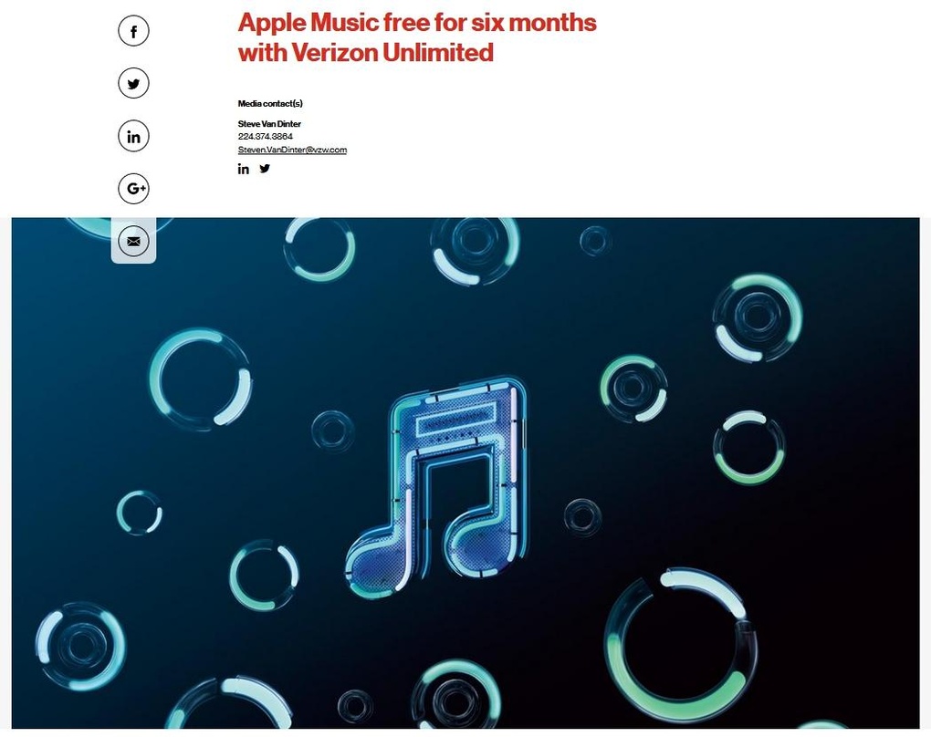 Erster Schritt einer exklusiven Partnerschaft mit Apple: in den USA verdoppelt Verizon als Marktführer im Mobilfunkgeschäft die für kostenlose Testphase beim Streamingdienst Apple Music au...