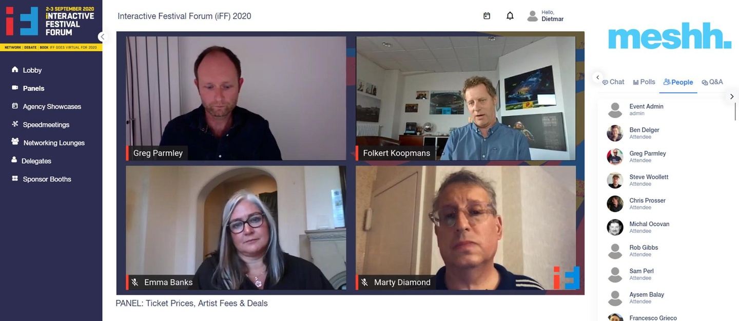 Diskutierten (oben, von links): Moderator Greg Parmely, Folkert Koopmans (FKP Scorpio) sowie (unten) Emma Banks (CAA) und Marty Diamond (Paradigm)