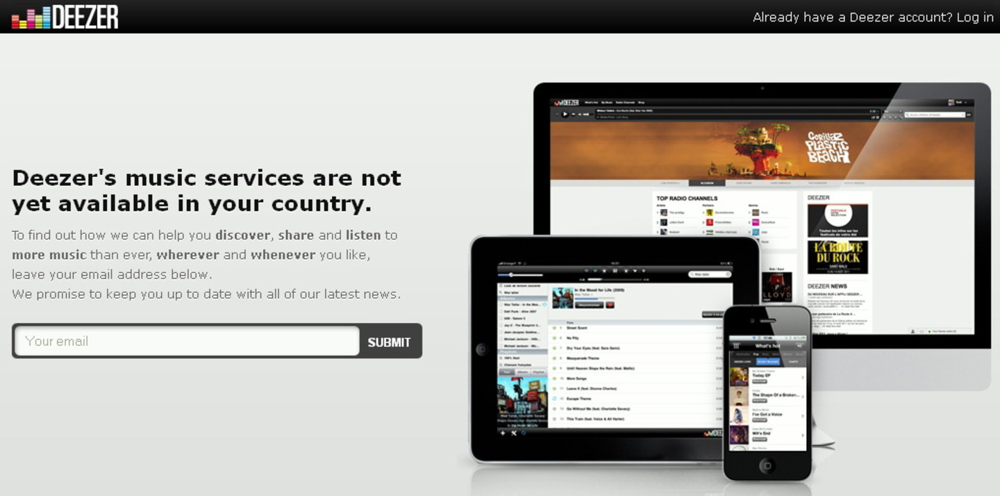 Soll sich bald ändern: Aktuell ist Deezer in Deutschland noch nicht verfügbar (Bild: Screenshot Deezer.com)