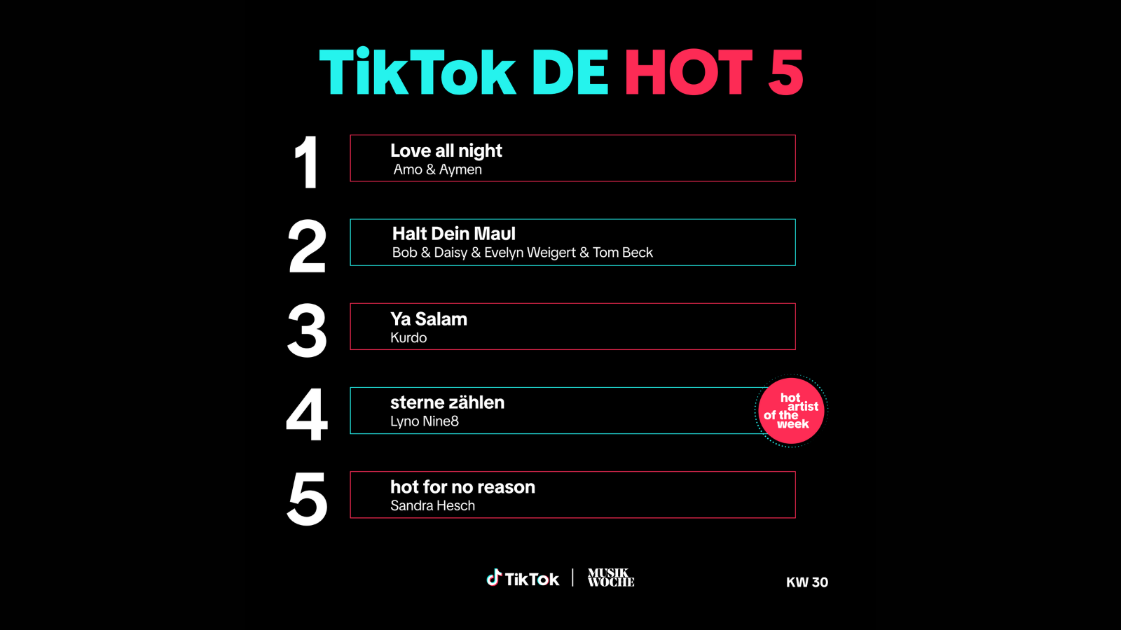 Die Top 5 der TikTok DE Hot 50.