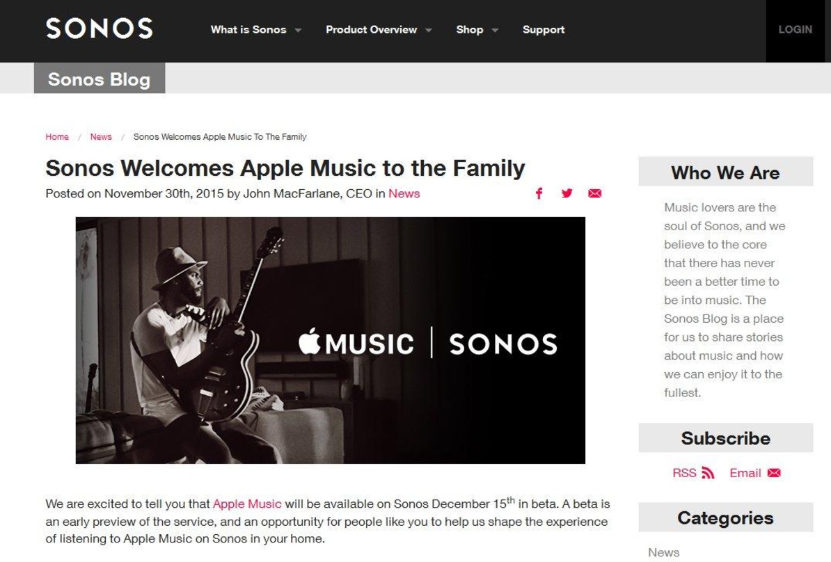 61f215812dbb5ccd0ee1f92aa52a59f67d264f25f7a366401860c58643caea7e Fortschritte in Sachen Integration: Apple Music soll ab dem 15. Dezember zunächst in einem Beta-Testlauf auf vernetzten Sonos-Geräten verfügbar sein