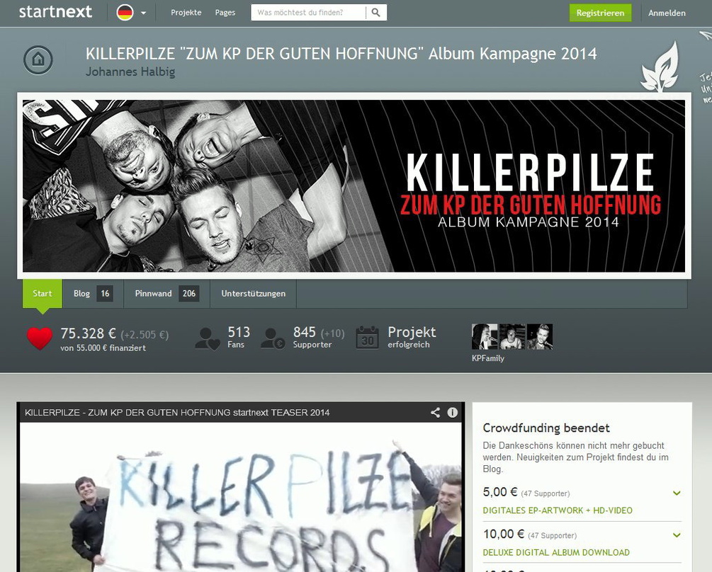 Rund 75.000 Euro eingesammelt: Die Killerpilze wandten sich zur Finanzierung ihres neuen Albums über Startnext an ihre Unterstützer