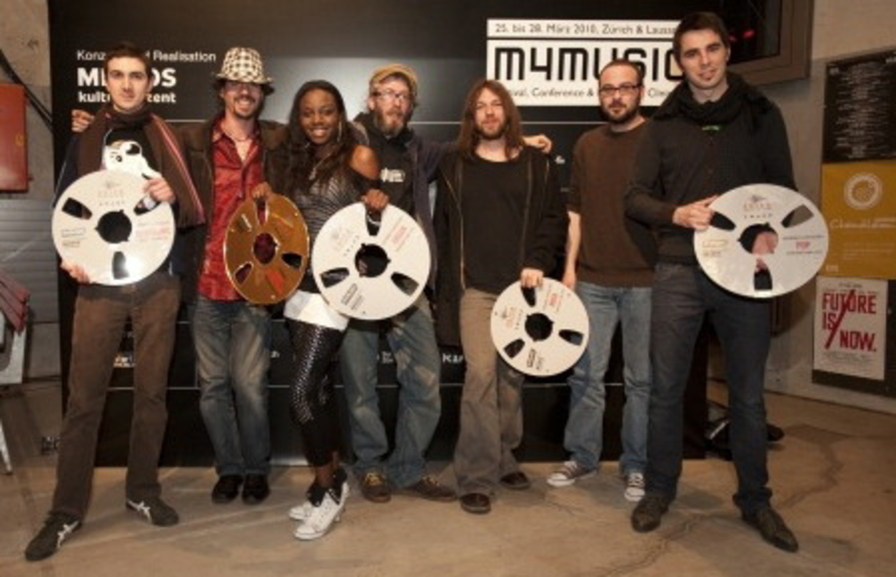 Gewinner der Demotape Clinic 2010 (v.l.n.r.): Lucas Aliu (Electronic), Melian (Rock), Miss C (Urban & Demo of the Year), Maris (Pop)