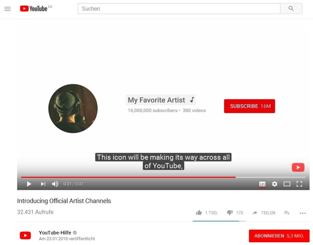 Haken dran: eine Note soll künftig bei YouTube als Symbol für offiziell verifizierte Künstlerkanäle stehen