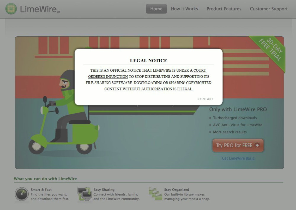 Rechtlicher Hinweis auf der LimeWire-Homepage: Die Verbreitung nicht-lizenzierter Inhalte ist nicht legal