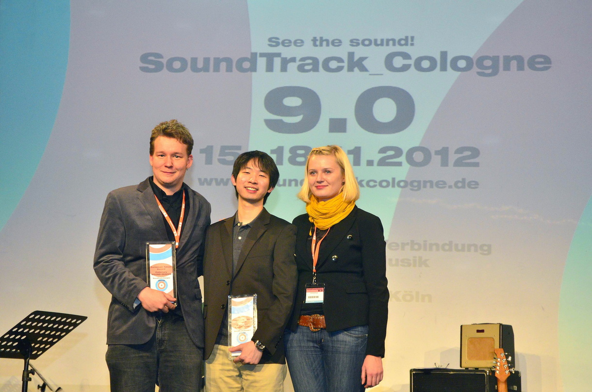 Ausgezeichnet im Rahmen der SoundTrack_Cologne 2012 (von links): die Preisträger des European Talent Awards Sebastian Kübler (Gewinner Sounddesign), John Chua (Gewinner Filmscore) und Liin...