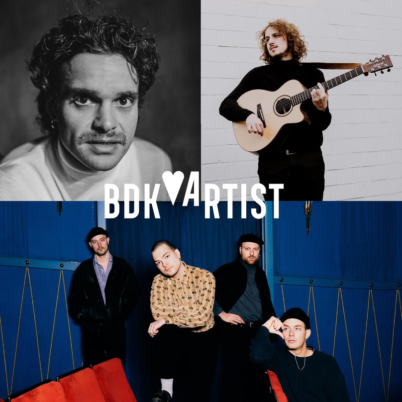 Erste Asse der Kooperation von Kontor New Media und Bube Dame König Artist (von oben links): Tristan Brusch, Paul Gerlinger und die Band Fibel