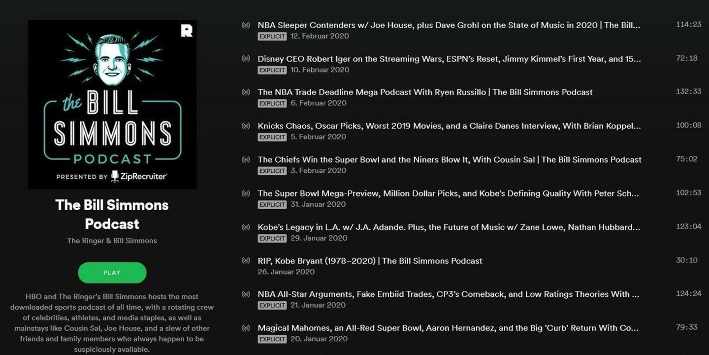 Eine der Shows des Podcast-Netzwerks von The Ringer: Der Podcast von Bill Simmons