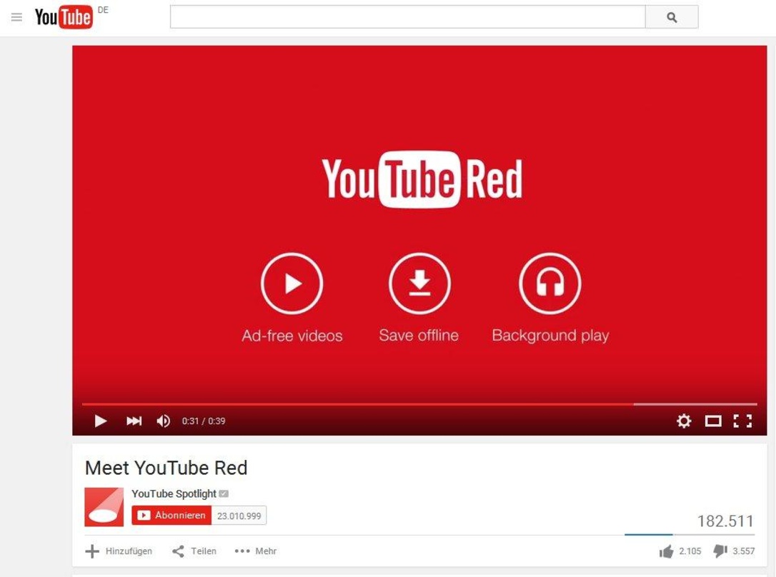 Soll ab dem 28. Oktober zunächst in den USA zum Monatspreis von knapp zehn Dollar werbefreien Zugriff auf Videos ermöglichen: YouTube Red