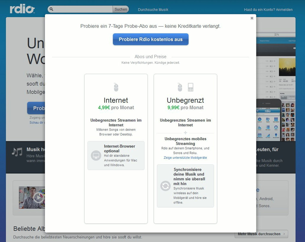 4,99 Euro für das Onlineabonnement, 9,99 Euro für die mobile Komponente: Rdio stellt sich dem deutschen Wettbewerb