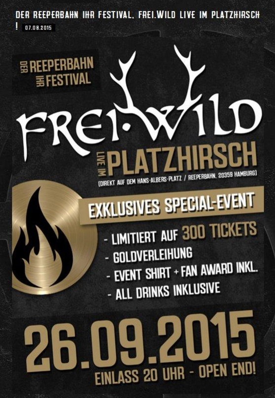 Auf der Reeperbahn, aber dennoch nicht Teil des Reeperbahn Festivals: Die Formation Frei.Wild kündigt ein Konzert für den 26. September in Hamburg an