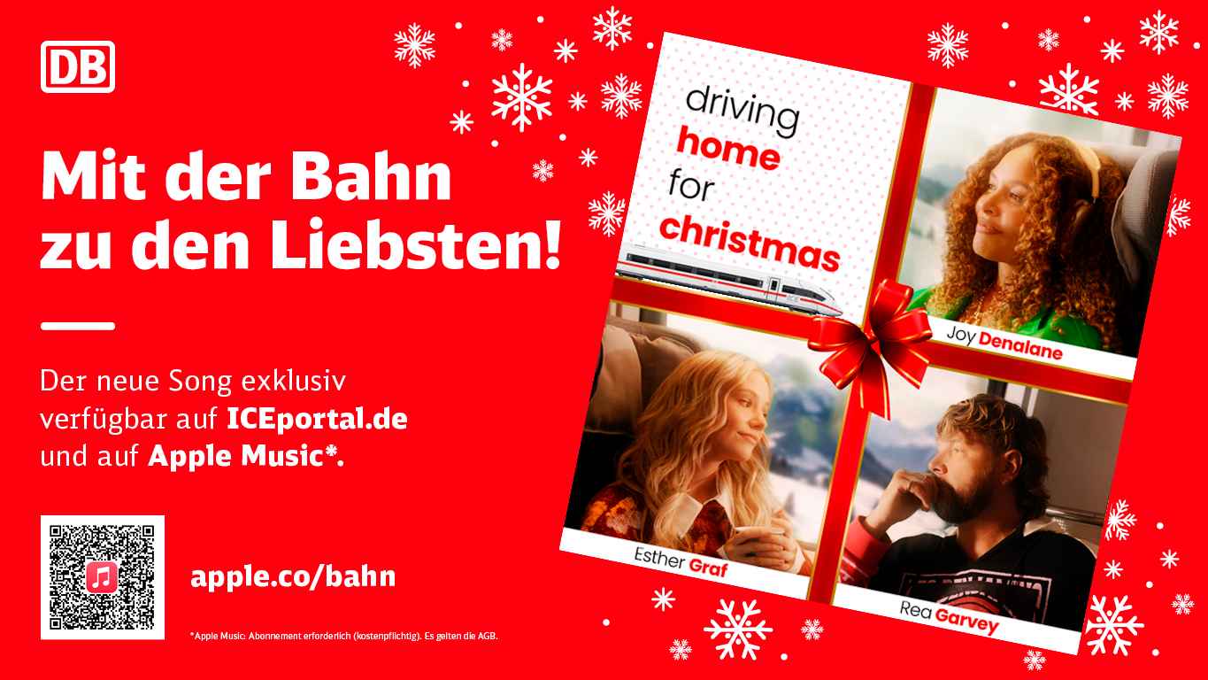 Wirbt für weihnachtliche Heimfahrten mit der Bahn: eine Kampagne von Sony Music, Apple Music und DB.