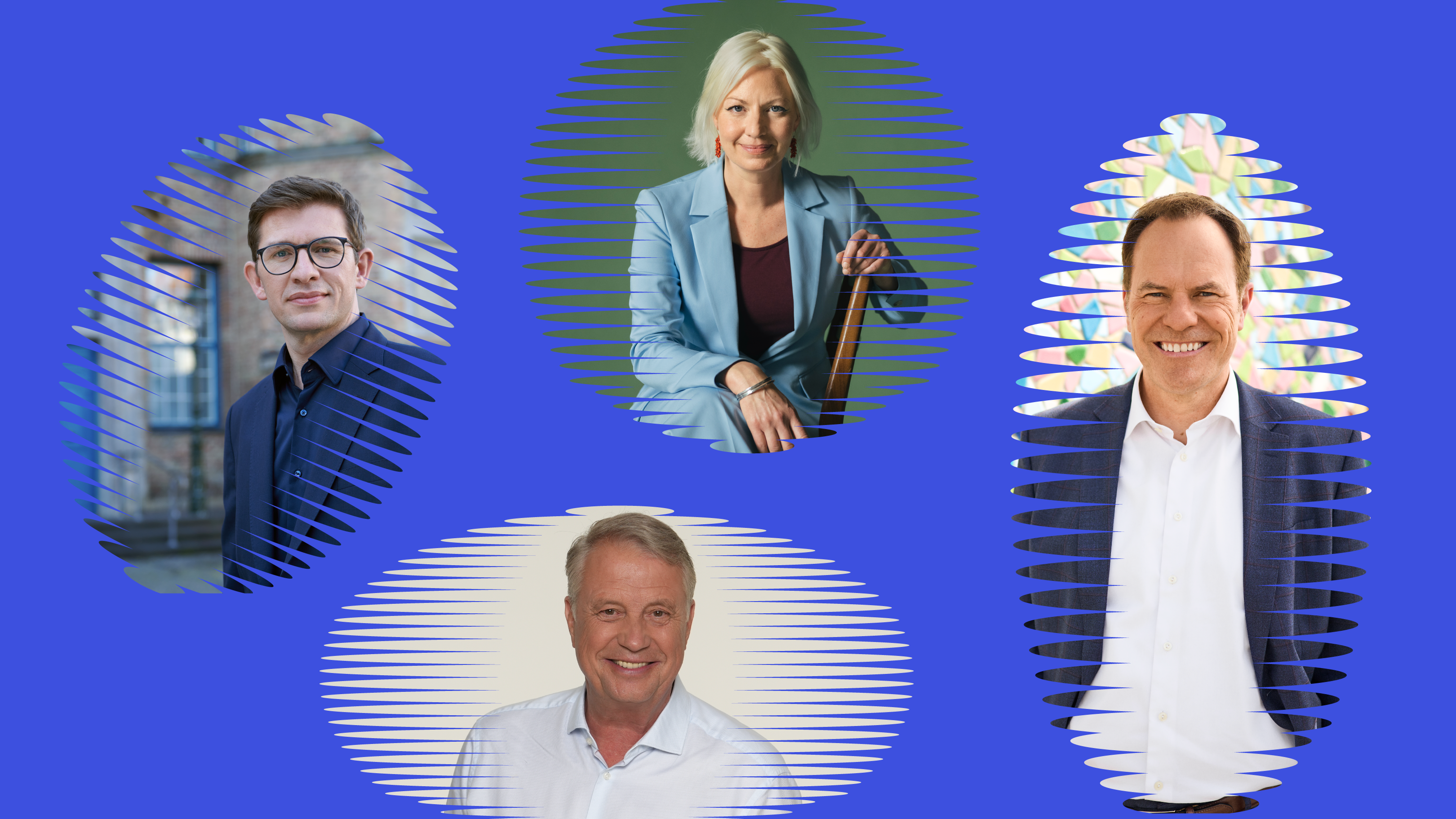 Bewerben sich auf das Amt als OB von Düsseldorf (von links): Fabian Zachel (SPD), Ulf Montanus (FDP), Clara Gerlach (Bündnis 90/Die Grünen) und Stefan Keller (CDU).