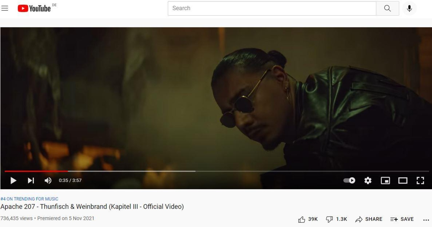 Apache 207 ist auch mit "Thunfisch & Weinbrand" aus dem dritten Kapitel von "2sad2disco" erfolgreich