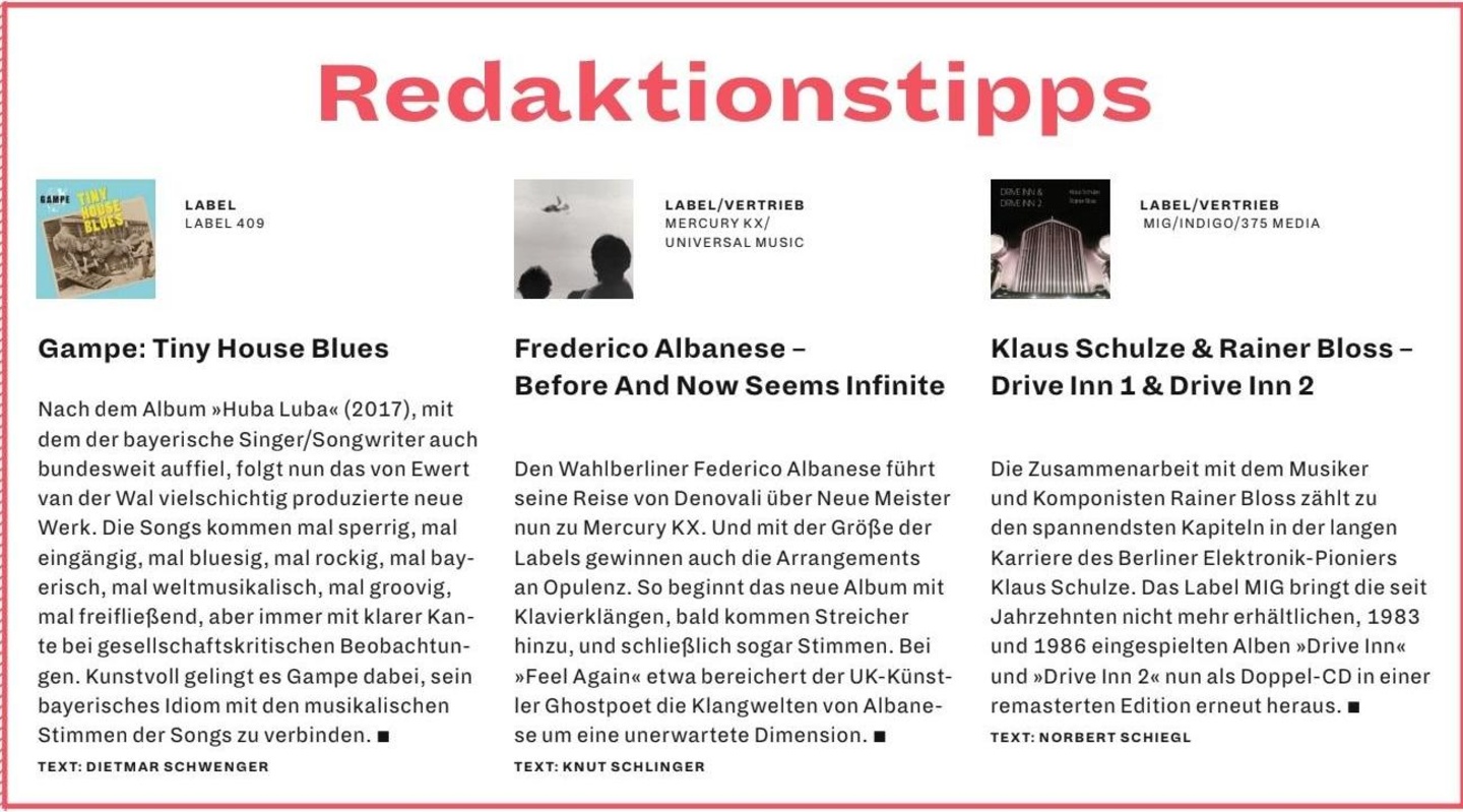 Die Empfehlungen der Redaktion: Gampe, Federico Albanese und Klaus Schulze & Rainer Bloss