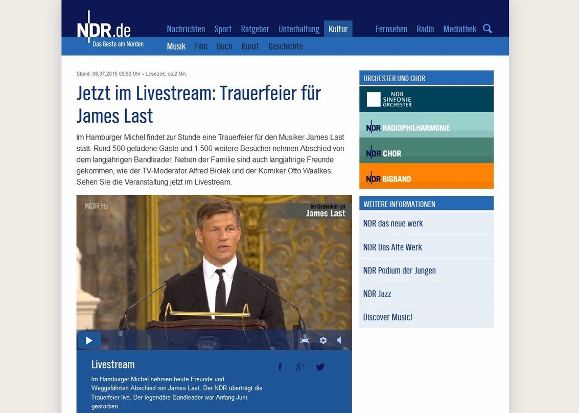 Würdigte James Last: Frank Briegmann (Universal Music) bei der Trauerfeier, die der NDR live ausstrahlte