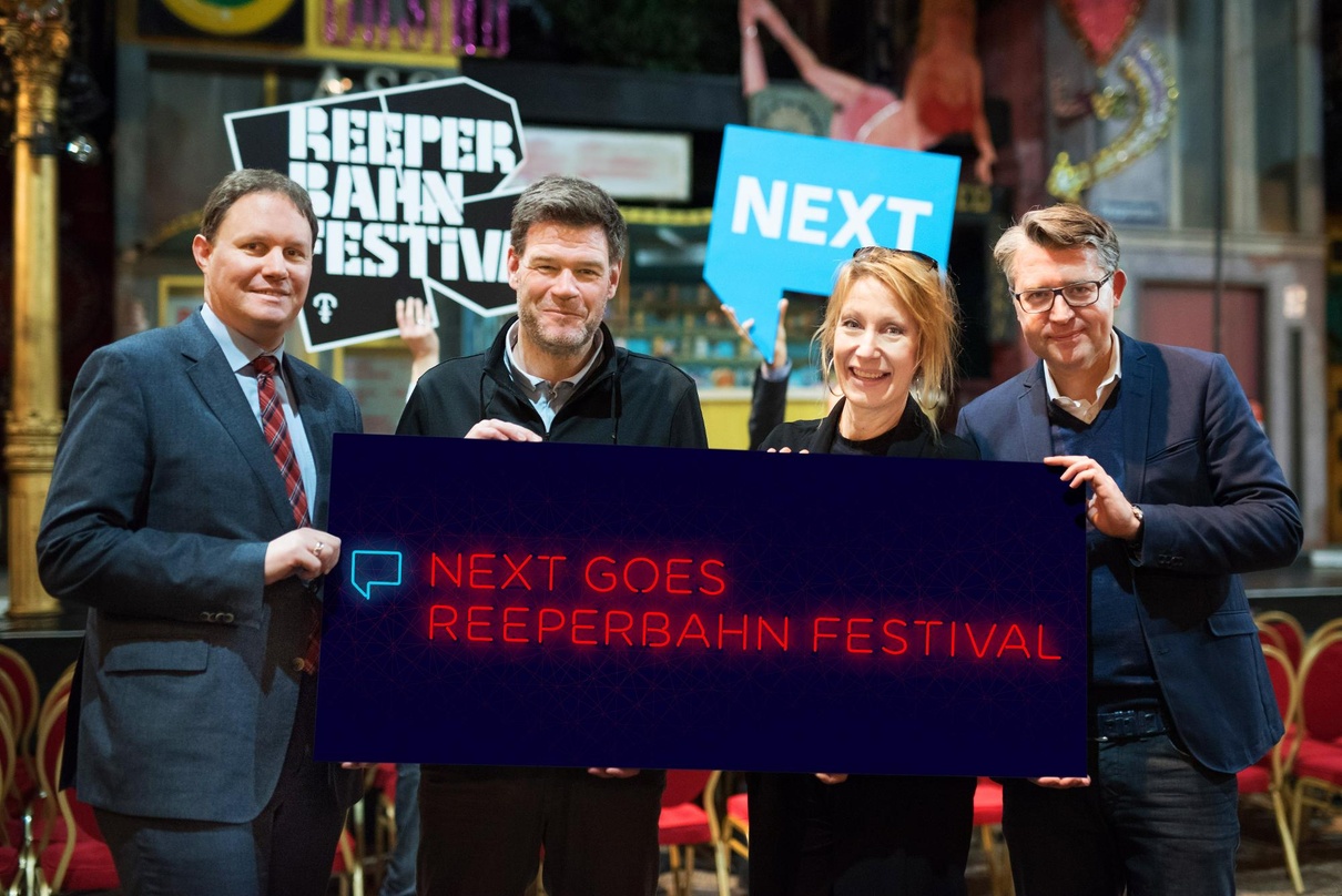 Neue Partner (von links): Carsten Brosda (Bevollmächtigter des Senats der Freien und Hansestadt Hamburg für Medien), Alexander Schulz (Reeperbahn Festival), Sabine Richter (Faktor 3) und M...