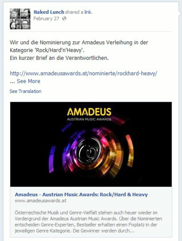 Lehnen als einer von bislang drei Kandidaten die Nominierung für den Amadeus 2014 ab: Naked Lunch schrieben vie Facebook an die Amadeus-Organisatoren