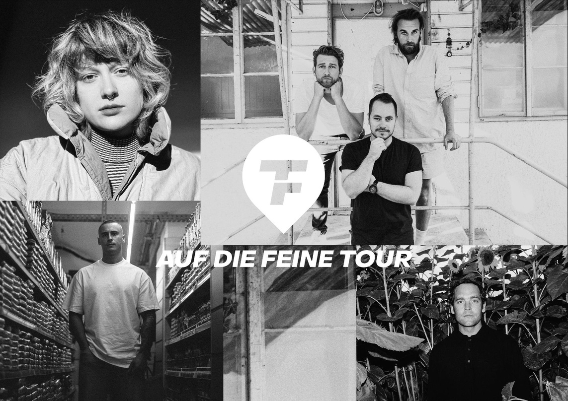 Der komplette Künstlerstamm von Auf die feine Tour bis dato: (oben) Licia und OK Kid, sowie (unten) Disarstar (links) und Bosse, zugleich Co-Geschäftsführer der Agentur