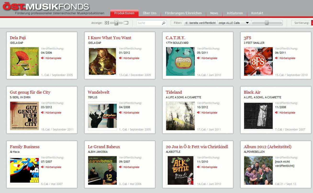 Geförderte Vielfalt: Die Hompepage des Österreichischen Musikfonds zeigt zahlreiche geförderte Projekte