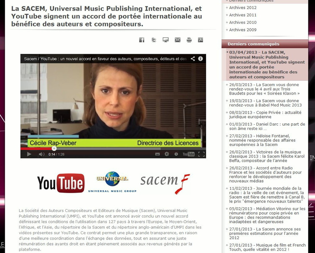 Erläutert den Deal in einem YouTube-Video: die frühere Universal-Managerin Cécile Rap-Veber, die Anfang 2013 zur Direktorin der Lizenzabteilung der SACEM aufstieg
