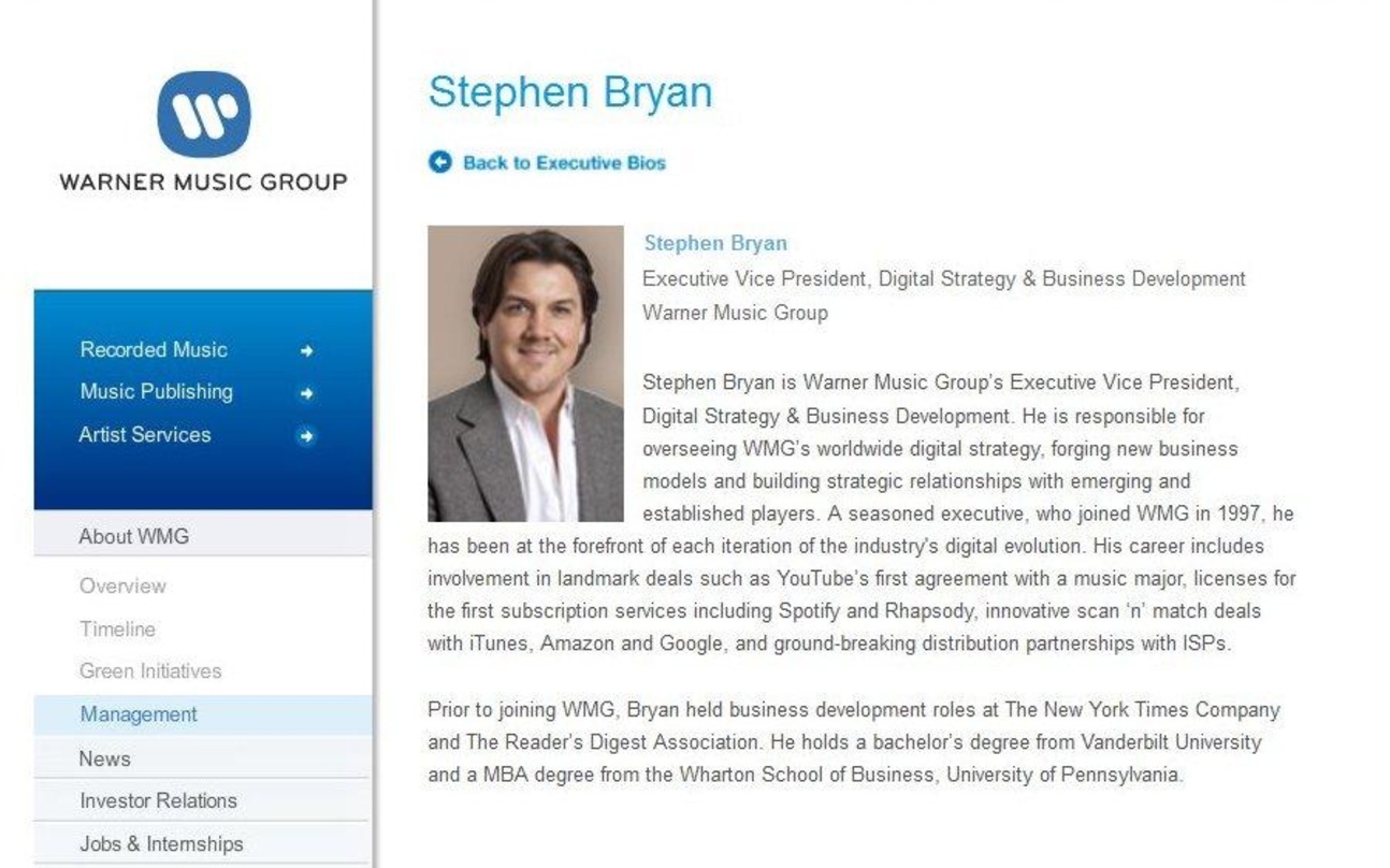 Noch nicht vom Server genommen: Die Profilseite von Stephen Bryan auf den Onlineseiten von Warner Music