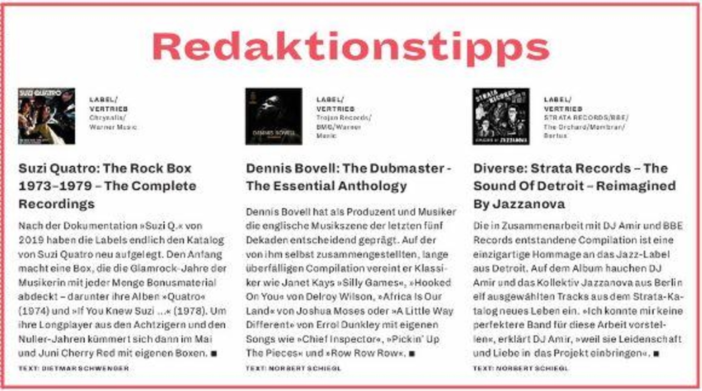 Die Empfehlungen der Redaktion: Suzi Quatro, Dennis Bovell und Strata Records