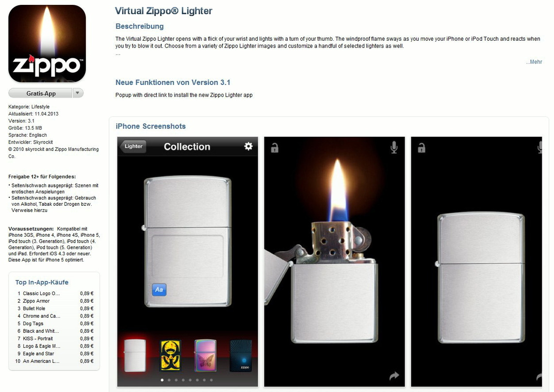 Feuer und Flamme auch für das Berlin Festival: Die Zippo-App