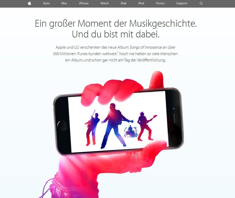 Marketingblitz: Apple verschenkt das neue Album der Formation U2, "Songs Of Innocence", zunächst für fünf Wochen exklusiv