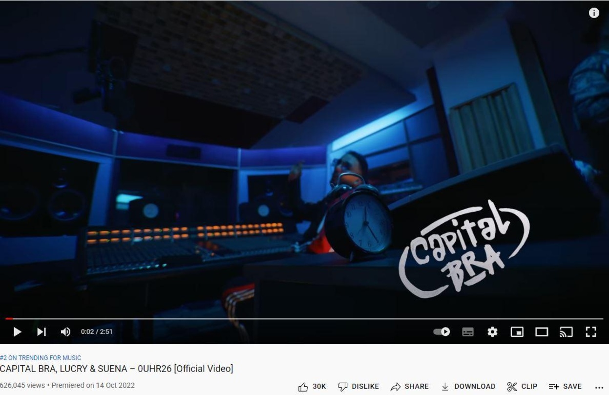 Capital Bra, Lucry & Suena waren am Wochenende mit ihrem Video zum Track "0Uhr26" erfolgreich unterwegs