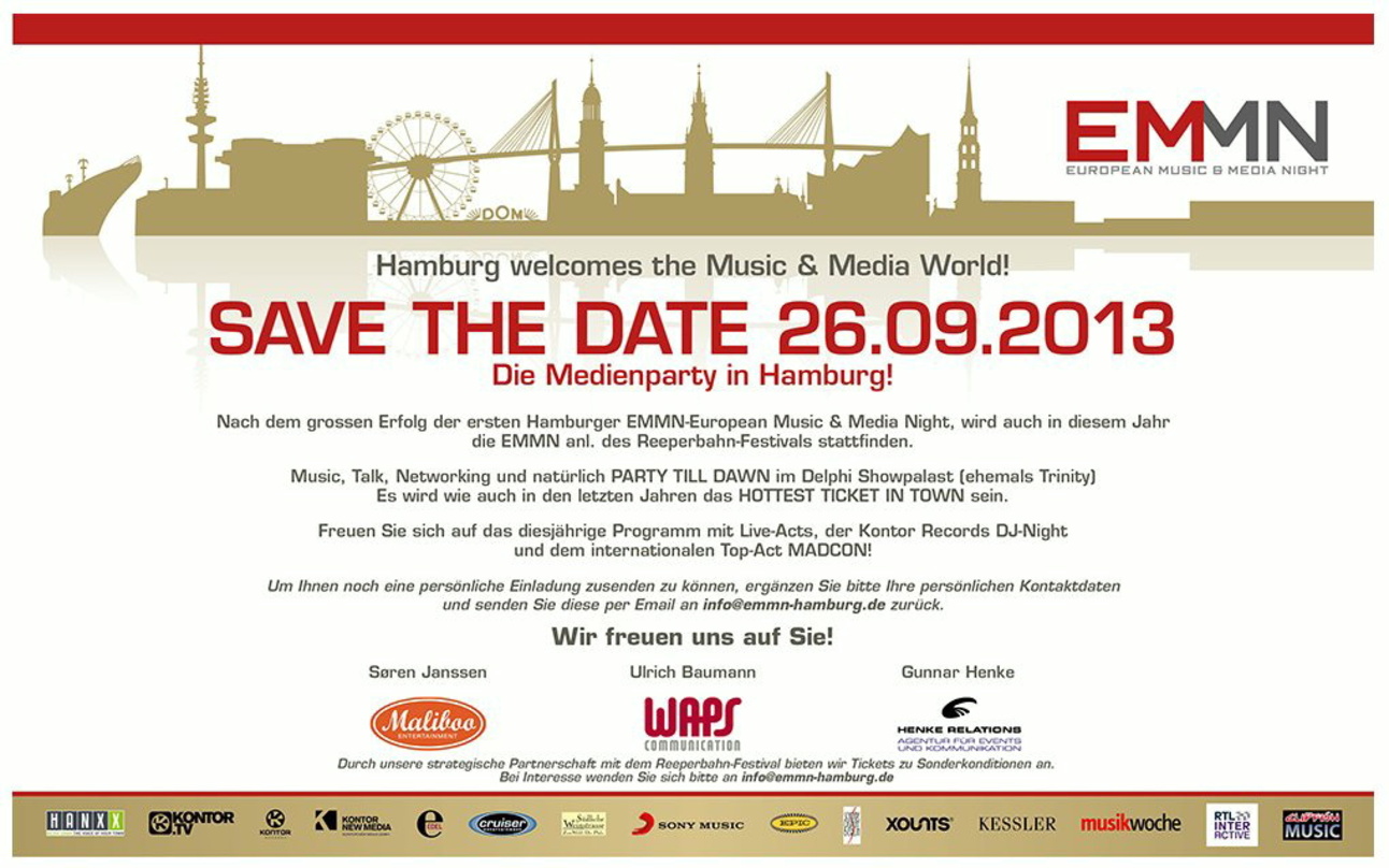 Findet am 26. September in Hamburg statt: European Music & Media Night - EMMN 2013