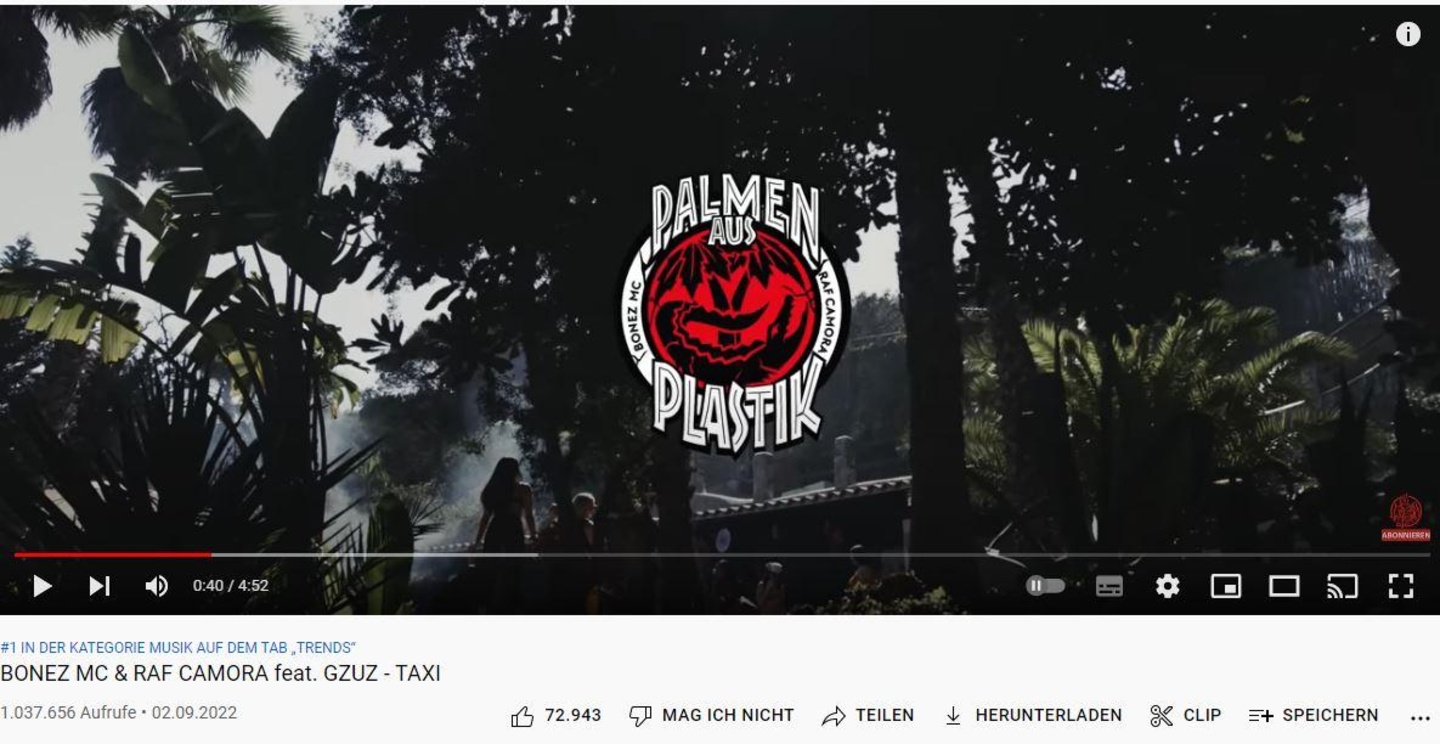 Bonez MC, Raf Camora und Gzuz dominierten am Wochenende mit dem Video zu ihrem Song "Taxi" die deutschen YouTube-Musik-Trendcharts