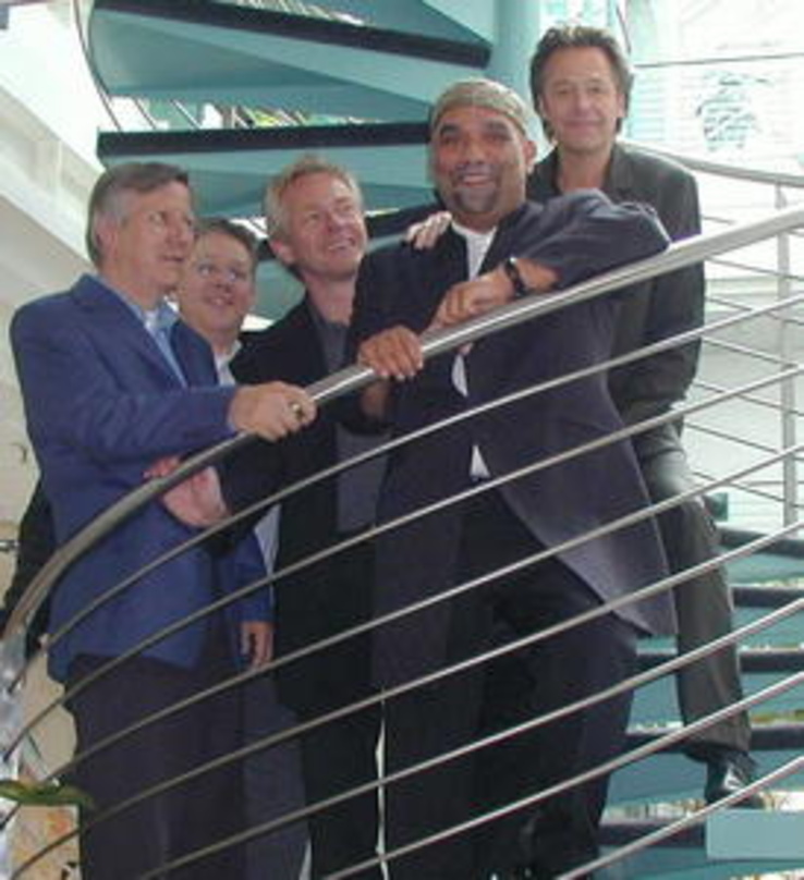 Karrierestufen erklimmen wollen (v.l.n.r.): Karsten Jahnke, Galileo-Anwalt Thomas Schlegel, Michael Kramer (Manager von Galileo und Co-Verleger), Galileo und Andreas Kiel